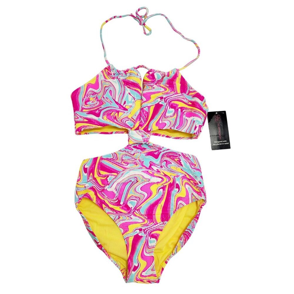 Womens High-Waisted Swirl Print Bikini Set Halter Tie Cut-Out Detail Size S